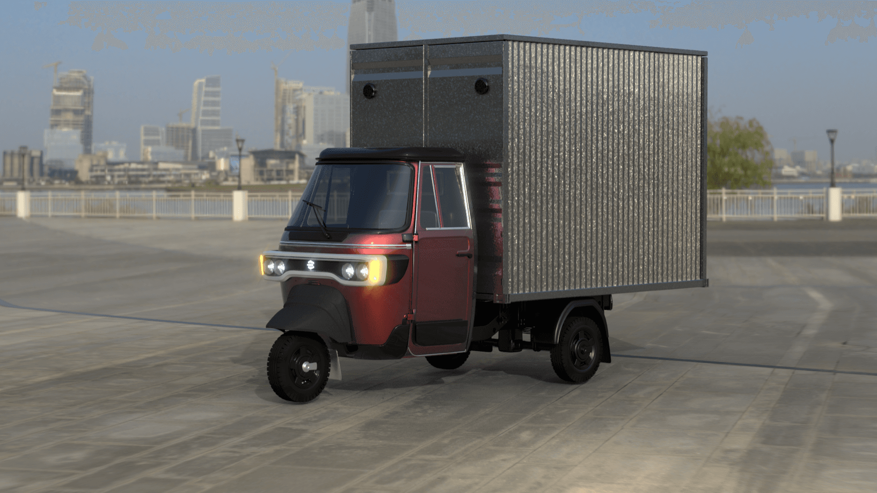 Suncharge Solar Auto on a city rooftop at dusk